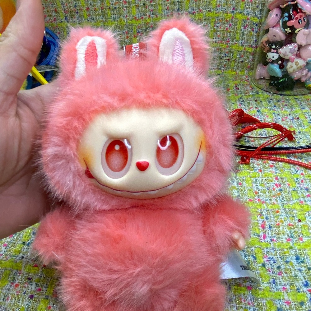 Plush Small Pet Toy - Pink Furry Bunny Costume with extra keychain